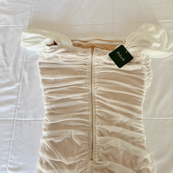 White Off Shoulder Ruched Mini Dress - Picture 3 of 5